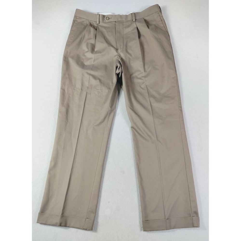 Roundtree &‎ Yorke Pants Mens 36 Brown Pleated Khakis Classic Fit Stretch Cuffed